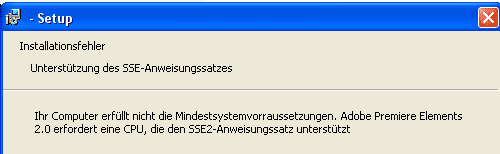 Fehlermeldung bei Installation ohne SSE2