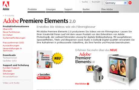 Die Adobe-Website zu Premiere Elements
