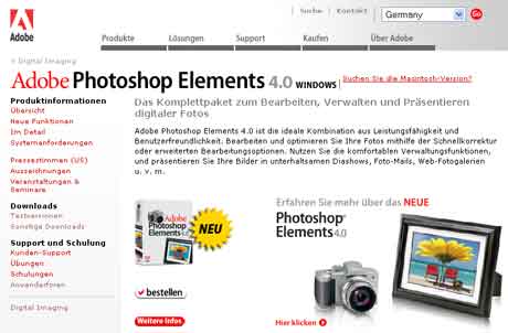 Die Webseite von Adobe zu Photoshop Elements